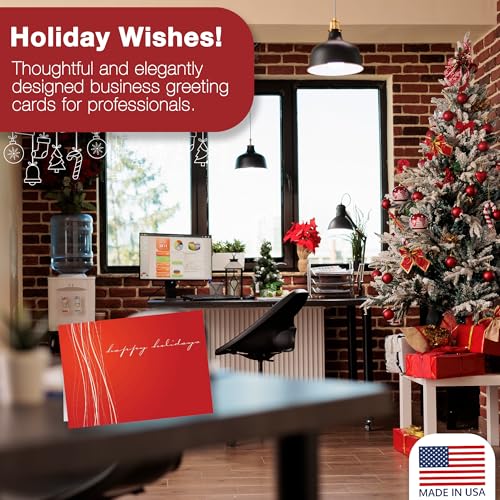 Happy Holiday Cards with Red Foil Lined Envelopes 25-Pack - Ribbons Variation