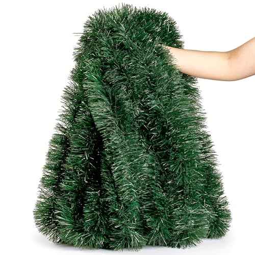 Sggvecsy 49.2Ft Christmas Dark Green Tinsel Garland Xmas Tree Decorations Christmas Metallic Twist Garland Ceiling Hanging Decorations for New Year Party Birthday Holiday Indoor Outdoor Supplies