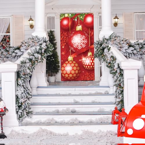 Christmas Door Cover Merry Christmas Ornament Ball, Christmas Backdrop Background Banner Outdoor Sign Front Yard Door Walls Home Party Supplies Christmas Party Decor Supplies (35.5"x71")