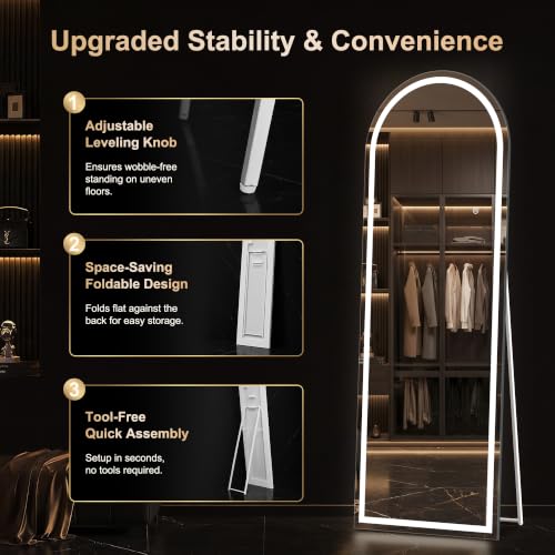 White Arched Full Length Mirror with Lights - 60x21 Inch Dimmable LED Vanity Mirror