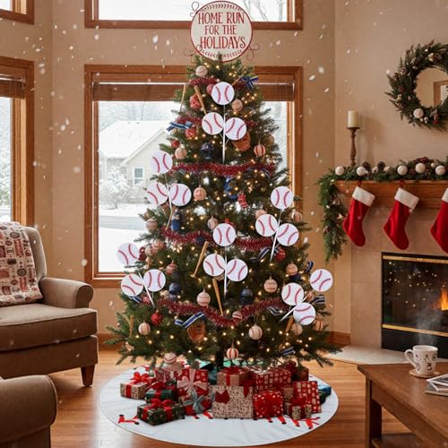 Baseball Christmas Ornaments Set with 36'' Tree Skirt and 6 Picks - Vertintong (Baseball Theme)