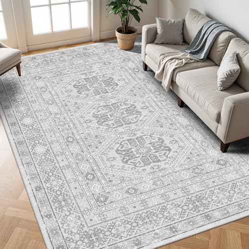 10x12 Grey Washable Area Rug with Non-Slip Backing - Vintage Style Living Room Carpet
