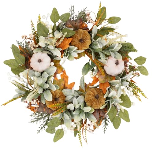 22-Inch Fall Wreath with Artificial Eucalyptus and Velvet Pumpkins - Farmhouse Holiday Door Decor