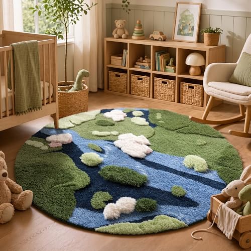 4ft Moss Round Area Rug - Green Grass Boho Circle Rug for Bedroom & Living Room - Pond Variation