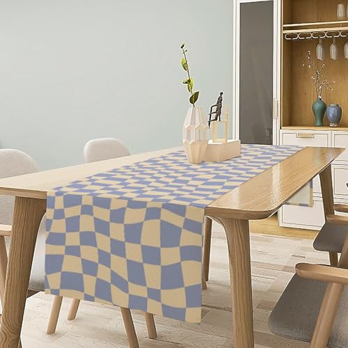 W13xL36in Purple Checkerboard Table Runner Retro 70s Groovy Wavy Pattern for Dining & Parties