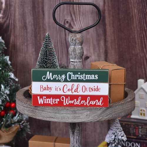 Rustic Wooden Christmas Sign Blocks, 3pcs Farmhouse Decorations Indoor, Tiered Tray Decor, Xmas Centerpiece, Merry Christmas Wood Signs for Home Desk Office Bedroom Shelf (3pcs)