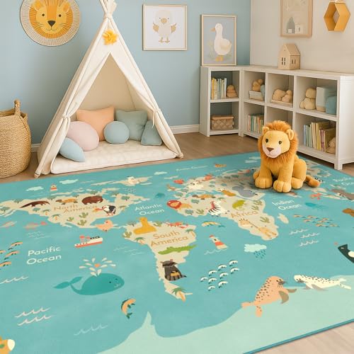 Kids Playroom Rug 5x7 Blue Planet Safari Educational Animal Map Non-Slip Washable