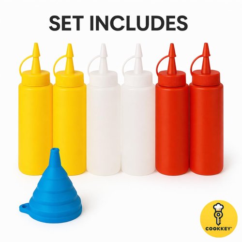 COOKKEY 6-Pack Condiment Squeeze Bottles - 12 oz- BPA - Free Plastic Squirt Bottles for Sauces, Oil, Syrup, Seasonings and Honey and 1 Funnel - Leak-Resistant Design
