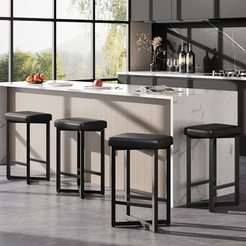 Black Set of 4 24.6-Inch Counter Height Backless Bar Stools - Modern Industrial Design