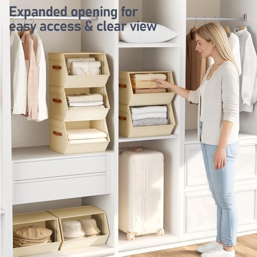 Beige Stackable Closet Organizers and Storage Bins - 4 Pack, 11.4 x 12.6 x 9.8 Inches