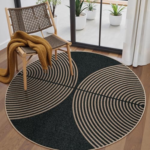 6ft Round Rainbow Rug - Modern Easy Jute Look Outdoor & Indoor Carpet - Charcoal Black Variation