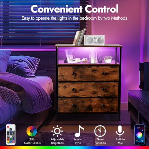 Rustic Brown 3-Drawer LED Nightstand with USB Charging Station & RGB Light