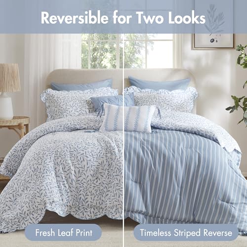 Reversible King Comforter Set with Shams & Decorative Pillows - Blue Floral