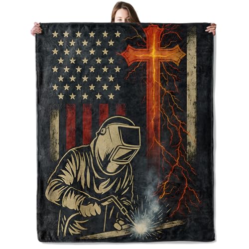 American Flag Welder 60x80in Flannel Blanket - Cozy Throw for Couch, Bed, Gifts kzoda