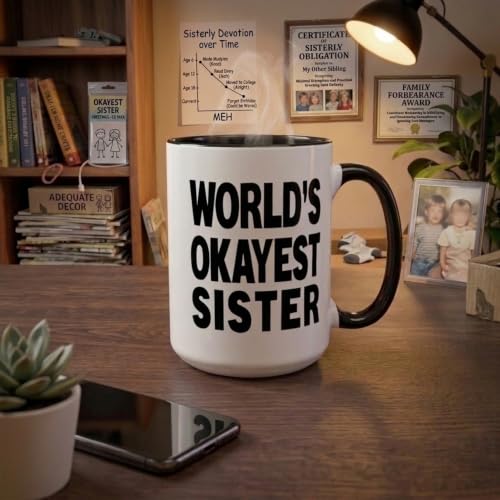 Artisan Owl World's Okayest Sister Mug - 15 oz Funny Coffee Cup for Women