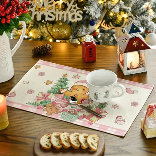 Artoid Mode 12x18 Pink Gingerbread Placemats (Set of 4) Christmas Holiday Table Mats