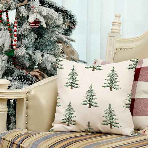 GEEORY Christmas Pillow Cover 18x18 Inch, Green Xmas Trees White Farmhouse Decorative Throw Pillowcase for Home Sofa Couch Cushion Decoration G438-18