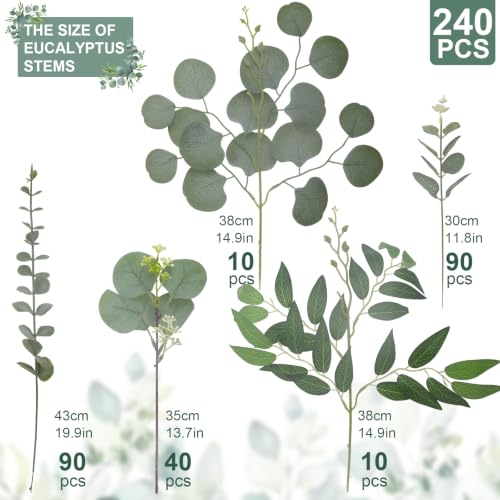 Daynight 240 Pcs Artificial Eucalyptus Stems Bulk - Mixed Green Foliage for Decor