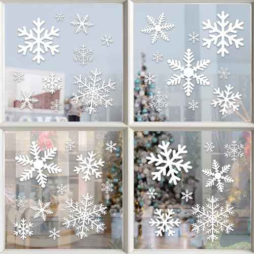 144 Pcs Christmas Window Clings for Glass Windows - 8 Sheets Static Snowflakes Christmas Window Decorations, Xmas Holiday White Snow Flakes Window Stickers Decals for Party Home Winter Indoor Decor