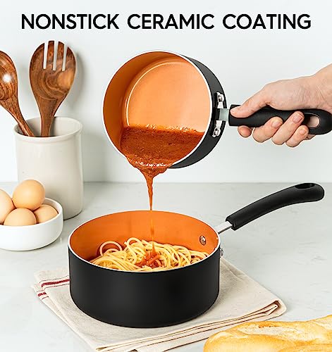 Michelangelo Copper Nonstick Saucepan Set 1QT, 2QT, 3QT with Lid - Compatible with Induction