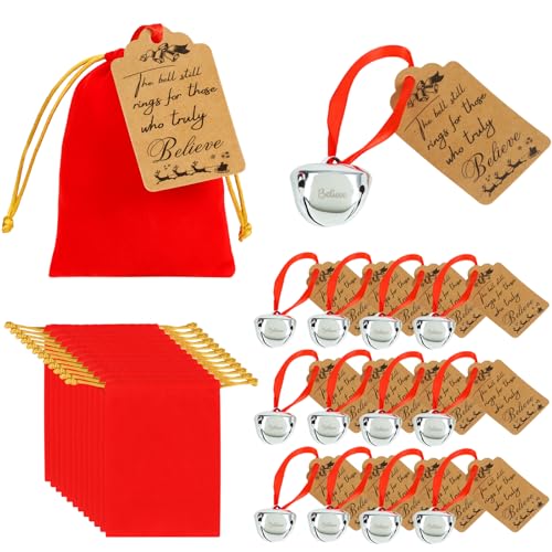 Bylion Silver Christmas Belief Bells Set with Red Velvet Gift Bags, 12 Pack