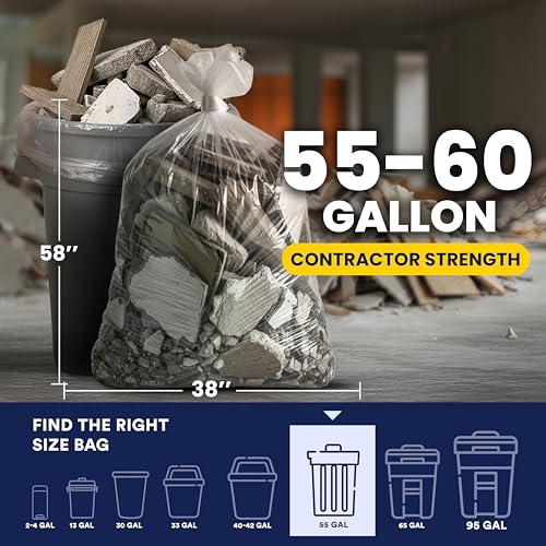 Heavy Duty 55-60 Gallon Trash Bags - Tear-Resistant Clear Garbage Liners, 50 Count - Contractor & Recycling Waste Bags, 3.0 Mil Thickness, Made in USA