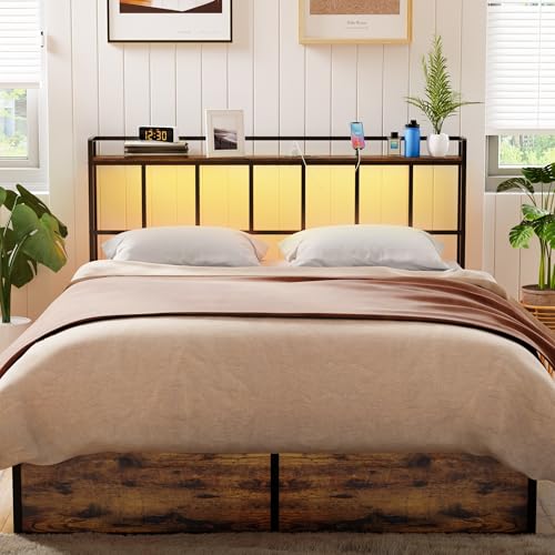 Queen Size Headboard with LED Lights USB Outlets & Storage Rack - Rustic Brown, Metal Frame