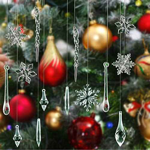 FEPITO 57 PCS Acrylic Snowflake Icicles Christmas Icicle Snowflake with Crystal Line Ornaments Set for Christmas Tree Decorations