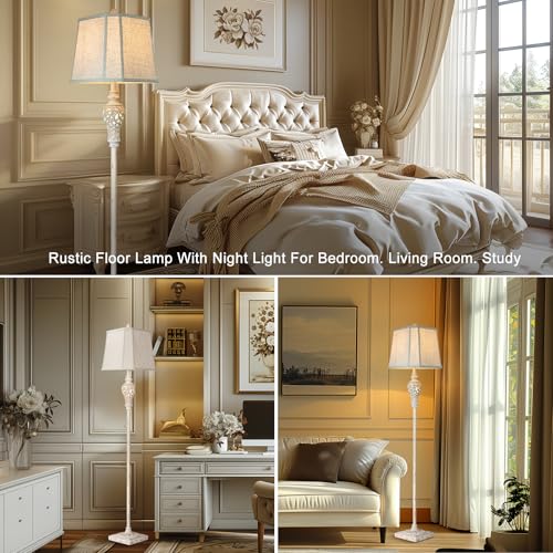 Cream Rustic Floor Lamp with Nightlight - Vintage Standing Lamp for Living Room