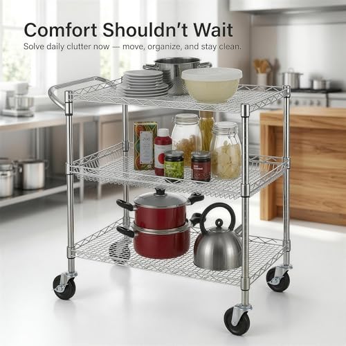 Finnhomy Chrome 3-Tier Heavy Duty Utility Cart 30"L x 18"W x 32.4"H with Handle, NSF Listed