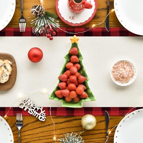 Niviy 13 x 72 Inch Christmas Table Runner Burlap Linen with Buffalo Plaid Trees