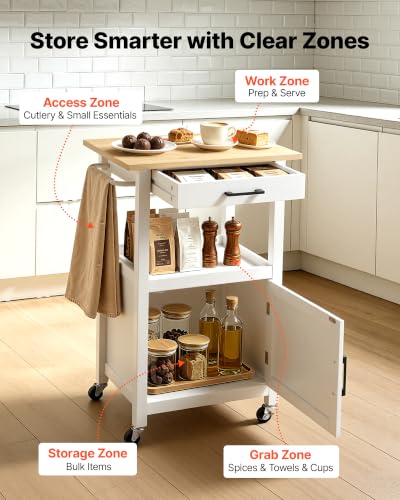 White Kitchen Island Cart with Storage, Drawer, Towel Rack & Swivel Wheels - 23.2" W