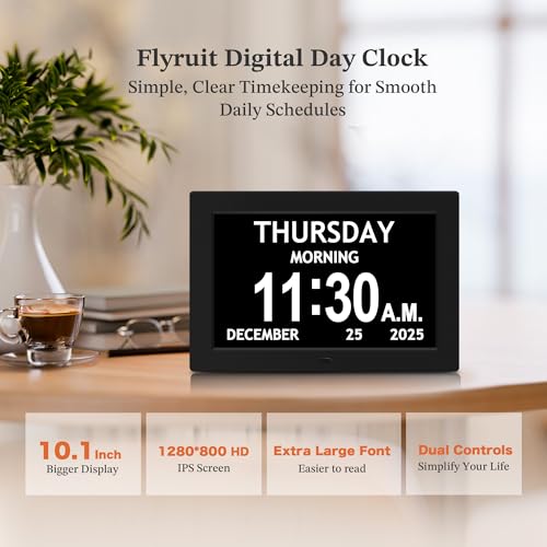 Flyruit 10.1'' Black Extra Large Digital Clock for Seniors & Dementia Care