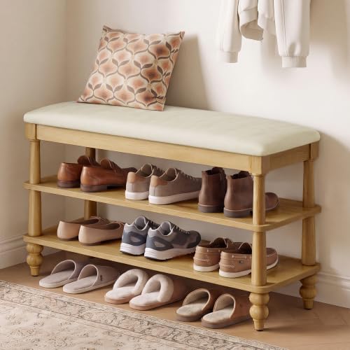 VASAGLE Natural Brown 2-Tier Shoe Bench | 31.5-Inch Entryway Organizer with Seat
