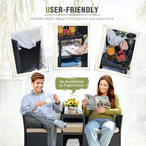 Greesum Beige Outdoor Wicker Loveseat with Built-In Coffee Table & Storage - Patio Furniture