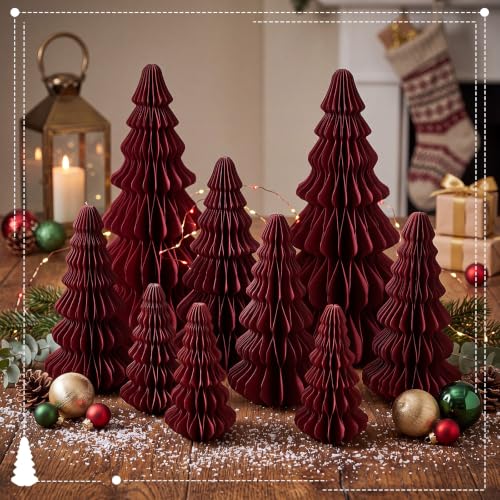 Fullhawl 10 Pcs Honeycomb Paper Christmas Tree Set Burgundy 4/6/7/10 Inch