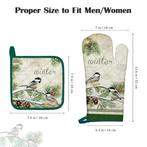 Winter Bird Leaf Oven Mitts & Pot Holders Set (Bird Leaf) 100% Cotton, 2pc