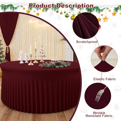 4 Pack Burgundy Round Tablecloth with Skirt, 60 Inch Elastic Fitted