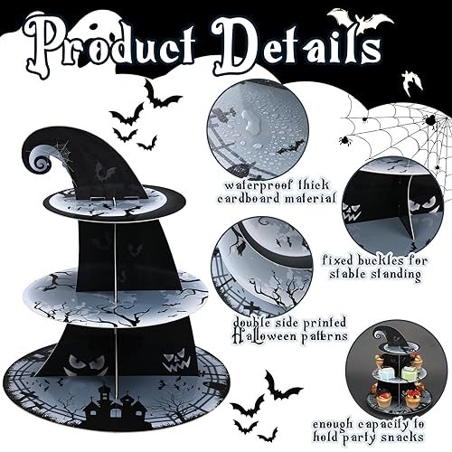 Zopeal 3-Tier Halloween Cupcake Stand (Classic) Cardboard Dessert Tower - Pumpkin, Bat & Witch Hat Theme