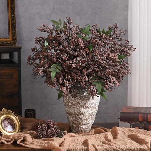 Dark Brown Faux Berry Stems - 43 Inch Artificial Nandina Branches for Fall Decor