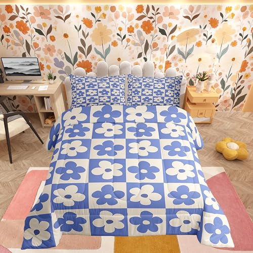 Castle Fairy King Size Bedding Comforter Set Multi 05 — Blue Cream Floral Plaid, 2 Pillowcases