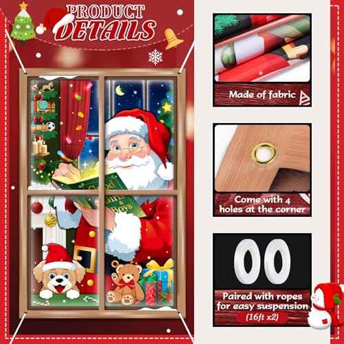 Preboun 2 Pcs Christmas Curtain Window Decoration Xmas Window Silhouette Snowflake Cover Christmas Poster for Indoor Outdoor Holiday Party Wall Garage Door Decor(Santa Claus and Elf Tree)