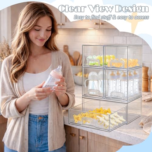 Baby Bottle Organizer with Hooks - 5 Pack Stackable Drawer Storage Set - High, Small & Wide Bins