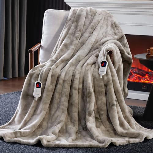 Guohaoi Light Grey 90x100 Inch Faux Rabbit Fur Heated Blanket Electric Throw