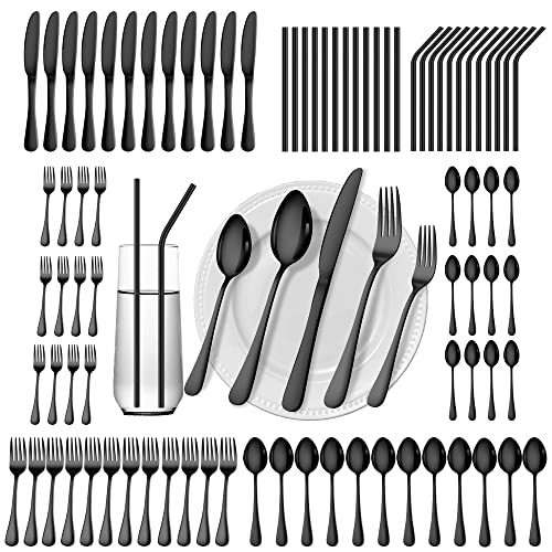 Gutuwellea Black 84-Piece Stainless Steel Flatware Set for 12 with Straws - Dishwasher Safe