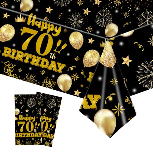 2 Pack 70th Birthday Tablecloth,Disposable Black Gold Plastic Waterproof Rectangular Table Covers for Christmas Party Decorations Men Women, 54 x 108 Inch