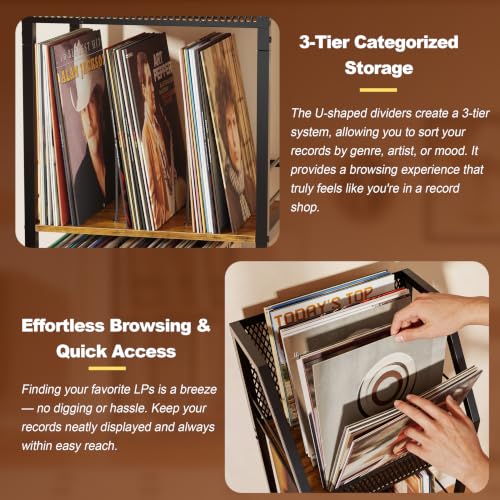 Vinyl Record Storage Holder for 300 Albums - 3-Tier Rolling Shelving Unit with Dividers