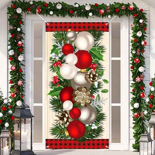 Buryeah Christmas Door Cover Christmas Ball Door Decorations Xmas Photography Background Banner Porch Sign for Front Outdoor Winter Holiday Farmhouse Party Supplies 70.9 x 35.4''