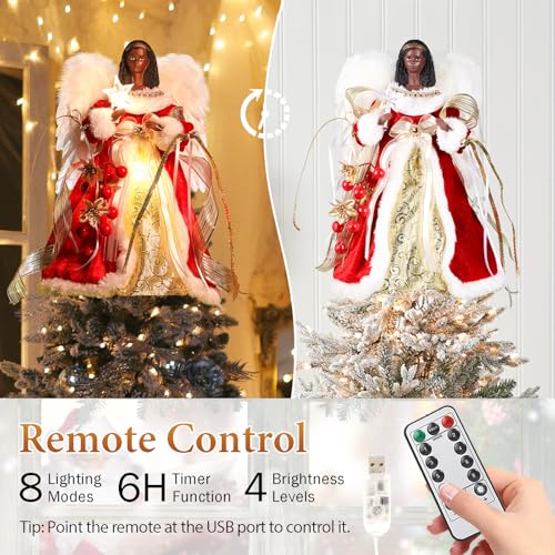 Black Angel Christmas Tree Topper with Timer Lights, 12" with Red & Gold Variant