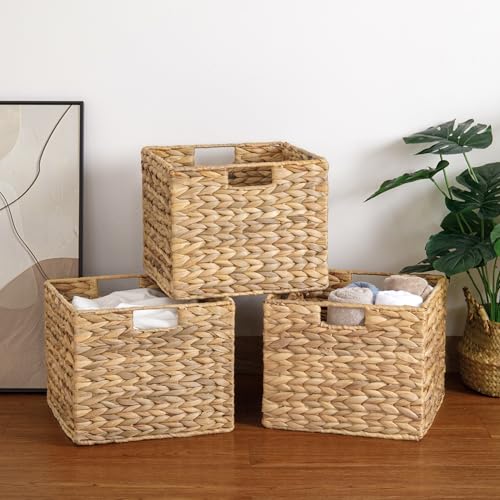 4 Pack Water Hyacinth Storage Baskets - Foldable Wicker Cubes for Pantry & Shelves